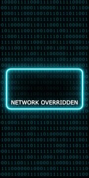 Network overridden digital alert: cyber security breach warning with neon warning sign and binary code background