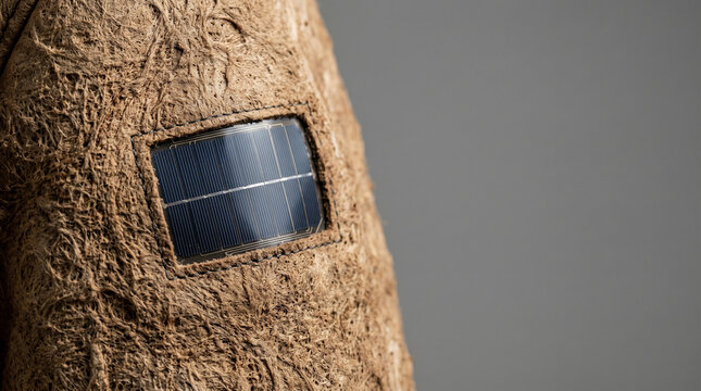 Horizontal close-up of a high-tech solar panel integrated into a sustainable garment made from textured mycelium biomaterial