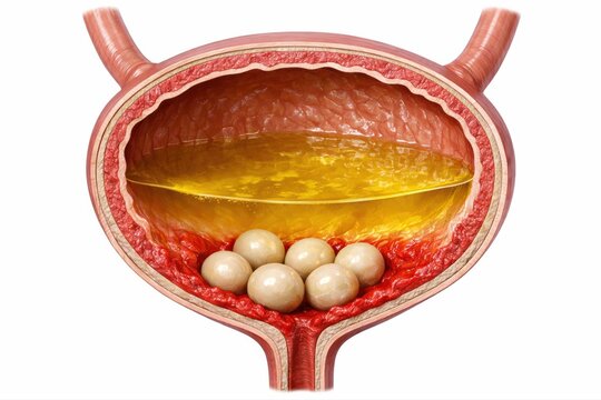 Cystitis kidney bladder stones bladder cross section shows multiple smooth cystoliths resting on inflamed mucosa, partial urine fill, urology pathology render