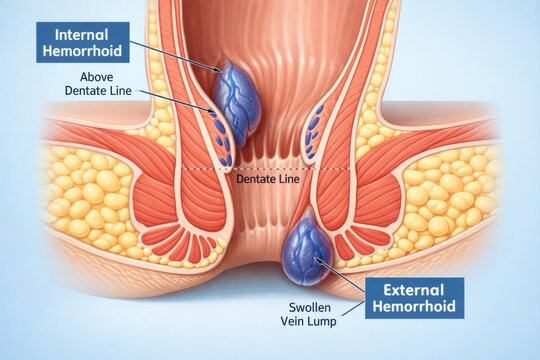Hemorrhoid medical cross section sagittal view shows internal hemorrhoid above dentate line and external hemorrhoid under anal skin, clear sphincter layers anatomy education
