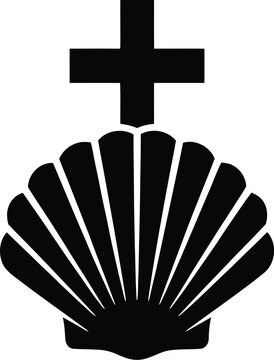 A black and white depicting a stylized scallop shell positioned directly beneath a simple cross symbol, isolated on a white background, for religious or, symbolic use