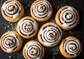 Fototapeta premium Fresh sweet cinnamon rolls with white icing and nuts on a dark background