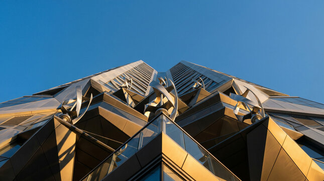 Symmetrical low-angle shot of a modern skyscraper featuring vertical axis wind turbines on its facade at sunset