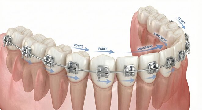 Dentistry medical 3D visualization features semi transparent teeth fitted with braces system demonstrating orthodontic alignment mechanics, clinical education render