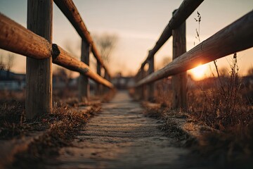 Fototapeta premium Rustic wooden walkway leads toward a warm, hazy sunset, bordered by fences