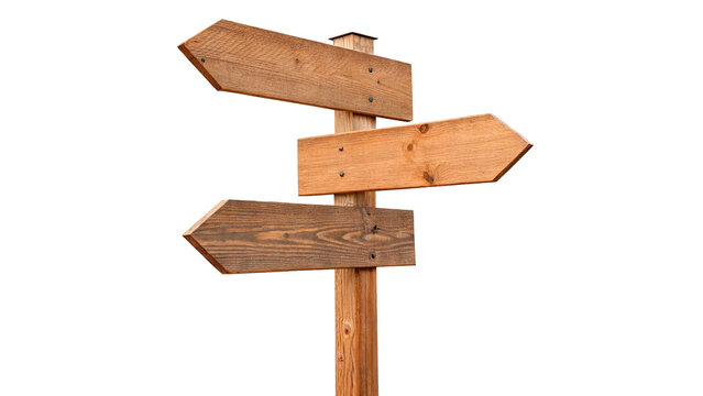 Wooden signpost with three directional arrows pointing in different directions outdoors isolated on transparent background