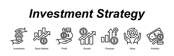 Fototapeta premium Investment Strategy banner web icon vector illustration concept with an icon of Investment, Stock Market, Profit, Growth, Forecast, Value, Portfolio 