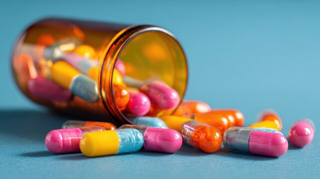 Medical pills spilling out of an amber glass bottle on a blue background