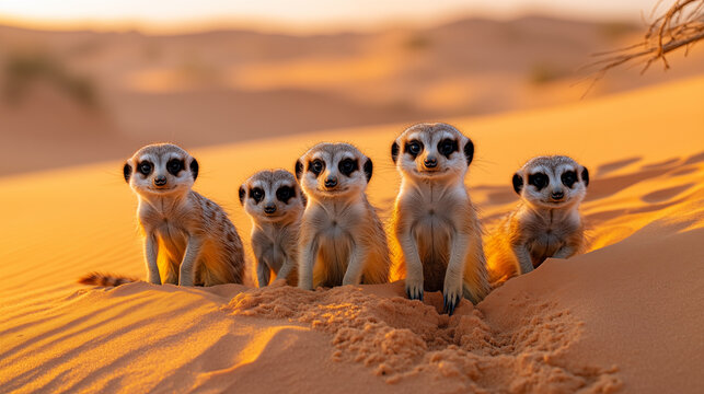 Curious meerkat family standing on sand dunes during golden hour