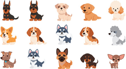 Cartoon Dog Breed Icons Set Featuring Popular Puppies for Pet, Animal, and Cartoon Illustration Designs © Shahanaj