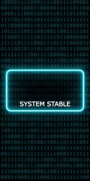 System stable digital interface with neon warning and binary code background, for cybersecurity and, tech concepts