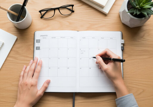 Top view of hands writing in a planner on a wooden desk