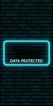 Data protected warning sign with glowing neon cyber security on digital binary code background, for tech safety