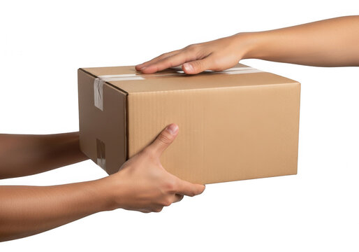 Hands delivering a brown cardboard box isolated on transparent background