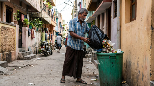 Indian man wearing lungi dumping household waste from a black plastic bag into a green public trash bin in a narrow residential street. Social responsibility and community cleanliness.