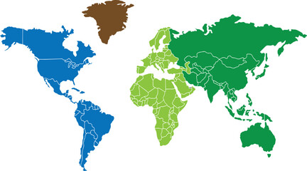 Colorful World Map with Continents Highlighted in Different Shades for Easy Global Geography Learning © sufyan