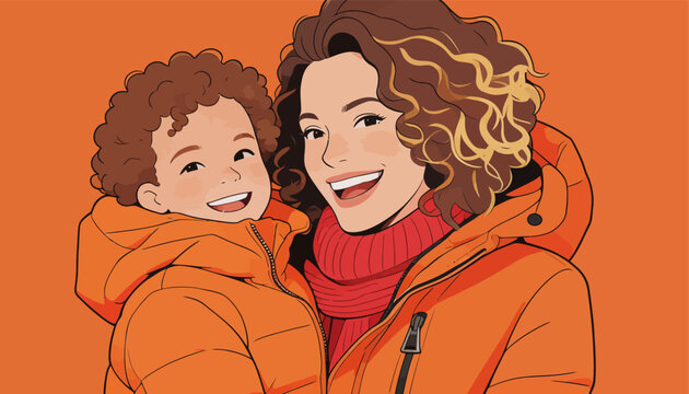 Happy Mother and Son Wearing Winter Outdoor Coats