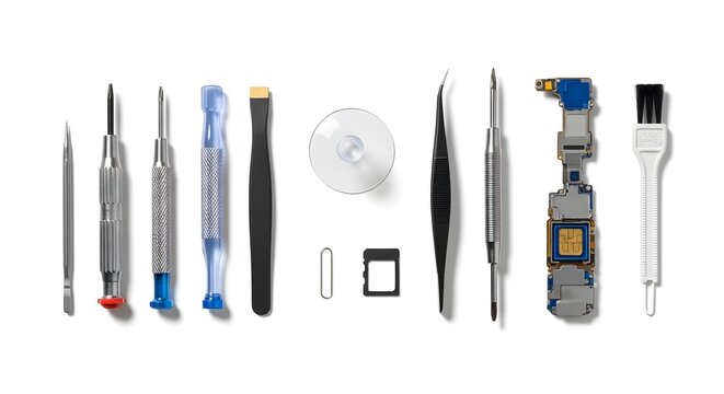 Collection of precision electronic screwdrivers and repair tools on white background