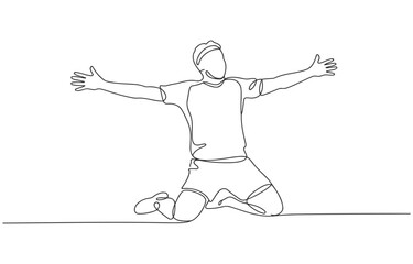 Soccer player celebrating a goal one line drawing arms wide line art single football celebration celebrating champion tournament kneeling excitement achievement motivation athletic © Stockline