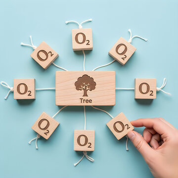 Wooden blocks illustrating tree producing oxygen atoms connected by strings in a conceptual display