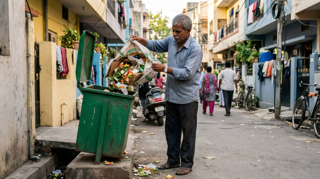 Waste collector dumping mixed household trash into urban green bin. Man disposing garbage in street container. Sanitation worker, city hygiene, waste management, environmental pollution.