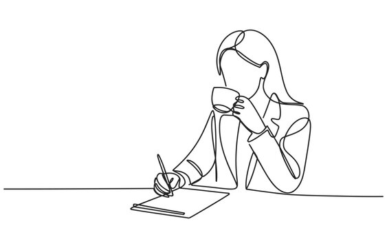 Woman drinking coffee and writing notes continuous line drawing drinking continuous illustration business concentration minimalist professional creative inspiration thoughtful contemplativ