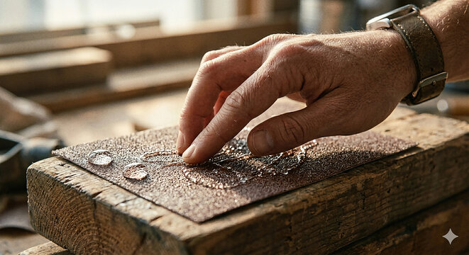 Hyper-realistic close-up of a hand rubbing coarse sandpaper with clear water droplets on a wooden workbench