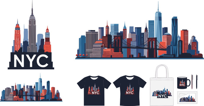 NYC Skyline Vector Illustration for Merchandise Designs Featuring T-shirts, Mugs, Tote Bags, and Iconic Landmarks for Travel and Souvenir Products
