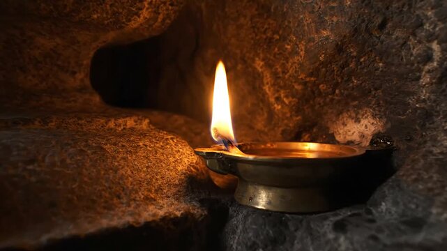 A single lit diya lamp in a stone wall niche with warm orange light