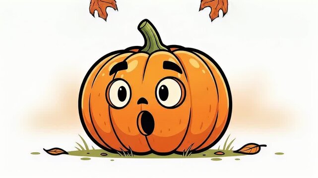 Shocked cartoon pumpkin in a white scene with autumn leaves popping through