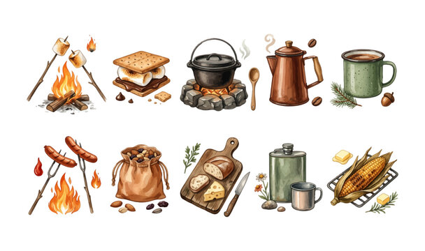Watercolor Camping Food and Drink Clipart Set &ndash; Marshmallow Campfire Smores Cast Iron Pot Coffee Percolator Enamel Mug Hot Dog Trail Mix Bread Board Flask Corn Illustration Bundle, Earthy Tone Rustic 