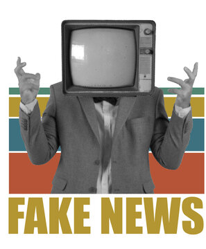 Vintage-style fake news graphic design featuring a person in a suit with a retro television head, standing in front of colorful striped background. Bold typography creates a satirical and eye-catching