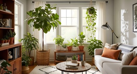 Fototapeta premium Cozy living room filled with lush green houseplants, natural light, and comfortable seating.