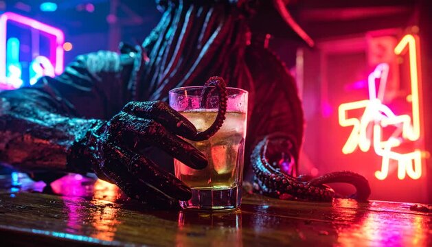 Alien creature with tentacles drinking alcohol in a neon cyberpunk bar.