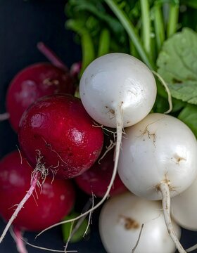 Leuchtende Nahaufnahme von frisch Radieschen in knackigen wei&szlig;en, roten und violetten Farben.