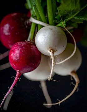 Leuchtende Nahaufnahme von frisch Radieschen in knackigen wei&szlig;en, roten und violetten Farben.