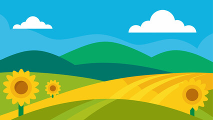 Fototapeta premium Sunflower field under blue sky with green hills in summer
