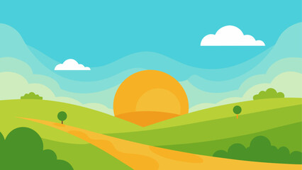 Obraz premium Sunset over green hills and road in countryside landscape