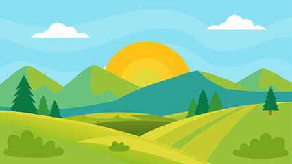 Fototapeta premium Colorful sunset over green hills and lake with trees