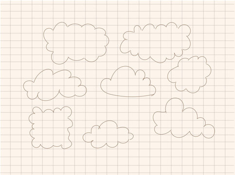 collection of hand-drawn cloud outlines styled as doodles on squared paper. 

