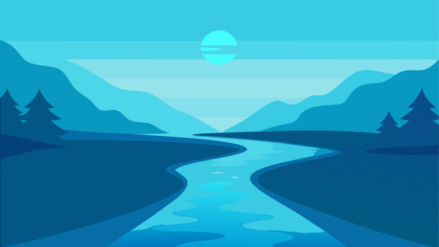 Calm lake at sunrise with mountains and trees in blue light