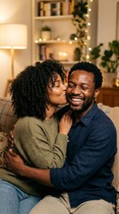Fototapeta premium Couple sharing intimate kiss on cozy living room sofa with warm ambient lighting