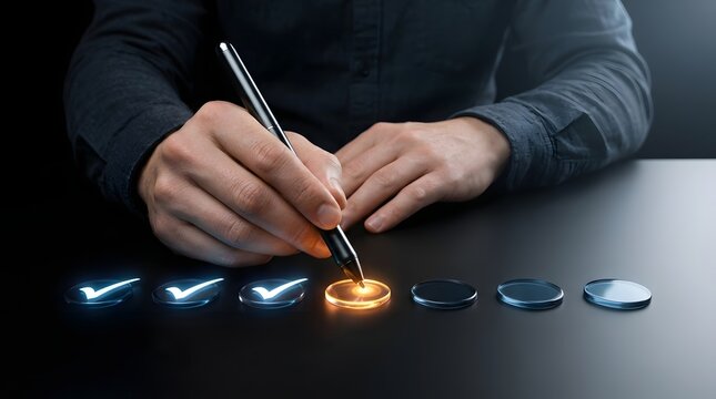 Man's hands in a dark shirt using a stylus to select a glowing orange checkmark on a futuristic digital interface with glowing icons.