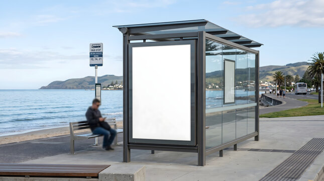 Blank advertisement billboard at a seaside bus stop with a person sitting nearby, offering a prime advertising opportunity