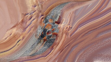 Abstract digital art featuring intricate ammonite fossils on a textured sandstone and grey mineral background. © DECHA