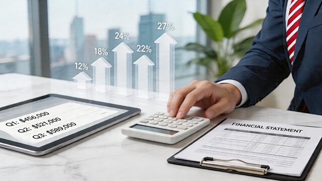 Businessman calculating financial statements on desk tablet showing quarterly growth data calculator rising arrow graph overlay symbolizing profit and revenue increase corporate