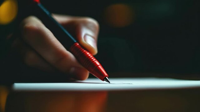 Close-up of hand writing with red pen on paper