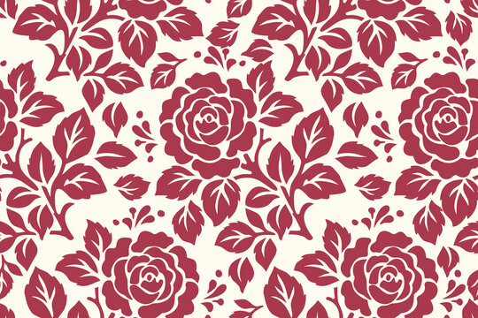 Seamless Vintage Red Rose Floral Pattern, Two-Tone Burgundy Flower Silhouette on Cream Background, Retro Floral Damask Print for Textile Design, Victorian Style Flower Backdrop for Fabric, Wallpaper