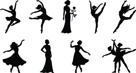 Collection of elegant female dancer silhouettes in ballet and contemporary poses isolated on white background for artistic design © MdShah