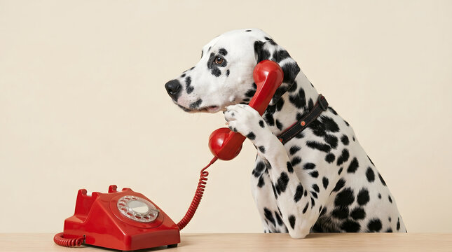 A playful Dalmatian dog humorously holds a vintage red rotary telephone receiver to its ear, mimicking a call